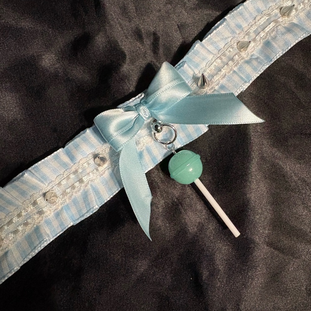 Light Blue Satin Bow Necklace with Mint Lollipop Charm